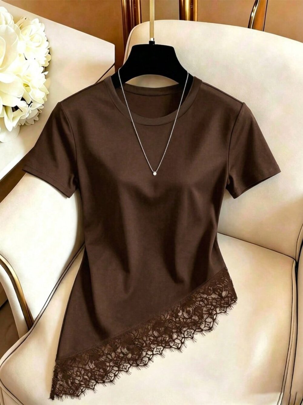 Brown Casual Women's Round Neck Short Sleeve T-Shirt